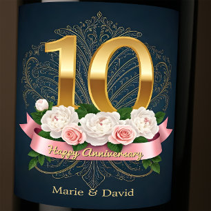 Peonies and Filigree Gold 10th Wedding Anniversary Wine Label