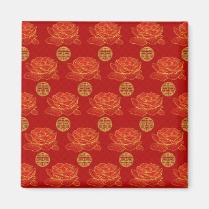 Peonies and Gold Double Happiness Symbol Pattern Magnet