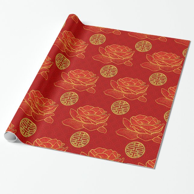 Peonies and Gold Double Happiness Symbol Pattern Wrapping Paper (Unrolled)