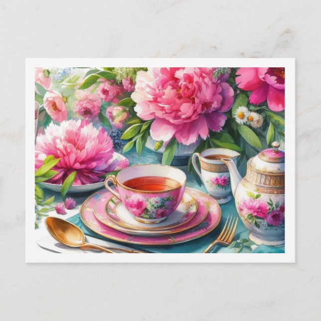 Peonies and Pink Teacup  Tea Party Floral  Postcard (Front)