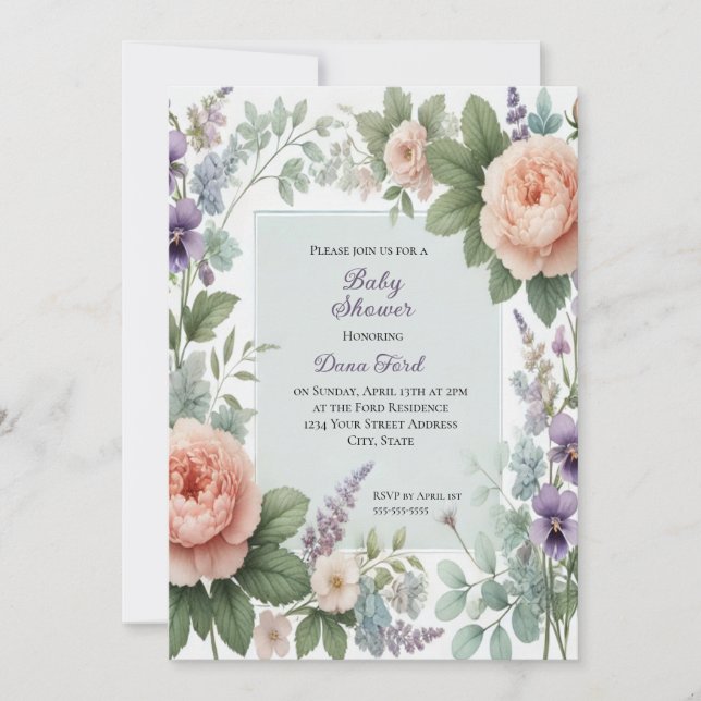 Peonies and Violetes Baby Shower Invitation (Front)