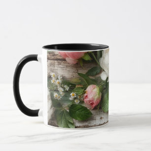 peonies and weathered wood mug