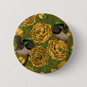 Peonies and wrens 6 cm round badge