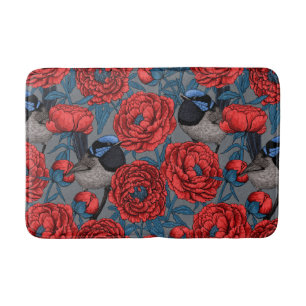 Peonies and wrens bath mat