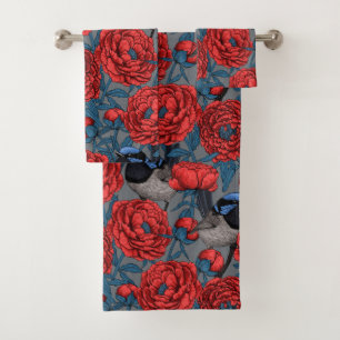 Peonies and wrens bath towel set