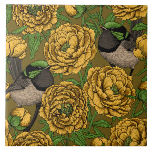 Peonies and wrens ceramic tile