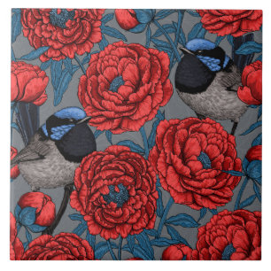 Peonies and wrens ceramic tile