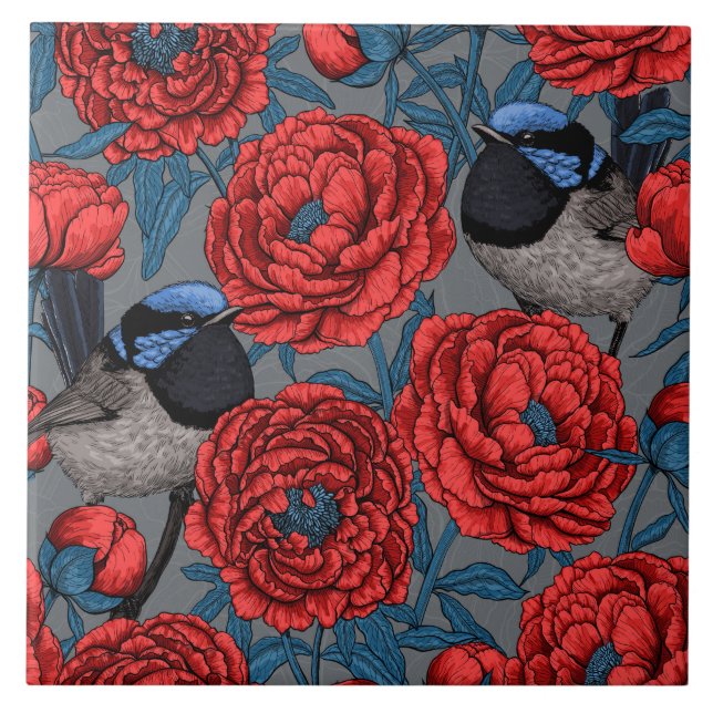 Peonies and wrens ceramic tile (Front)