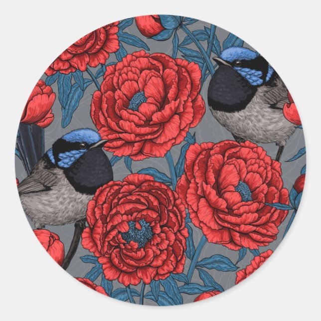 Peonies and wrens classic round sticker (Front)