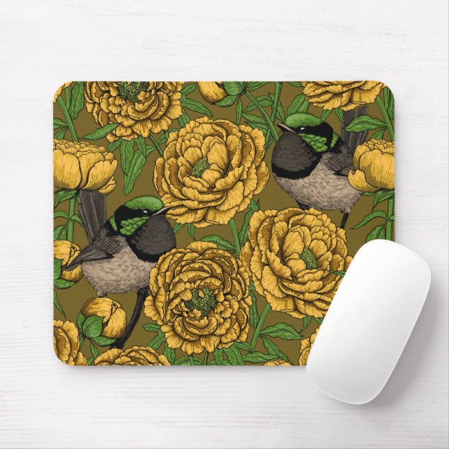 Peonies and wrens mouse pad (With Mouse)