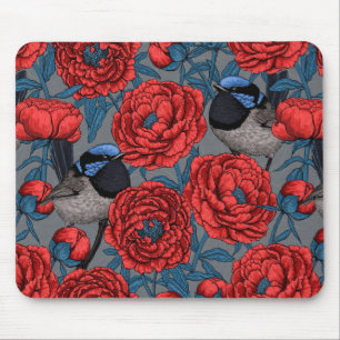 Peonies and wrens mouse pad