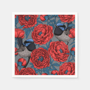 Peonies and wrens napkin
