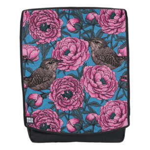 Peonies and wrens on blue backpack