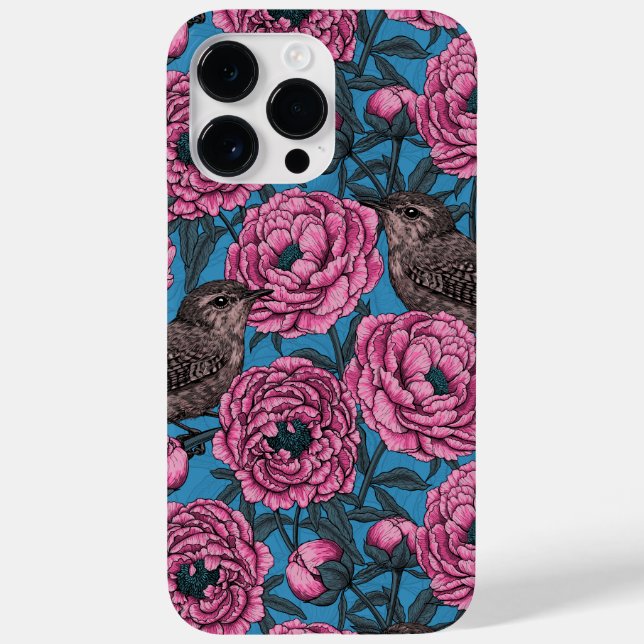 Peonies and wrens on blue Case-Mate iPhone case (Back)