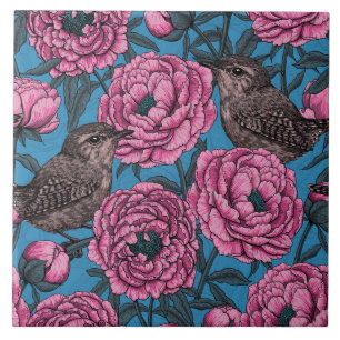 Peonies and wrens on blue ceramic tile