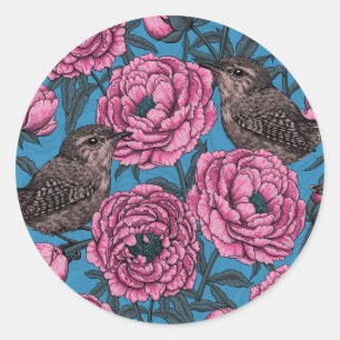 Peonies and wrens on blue classic round sticker