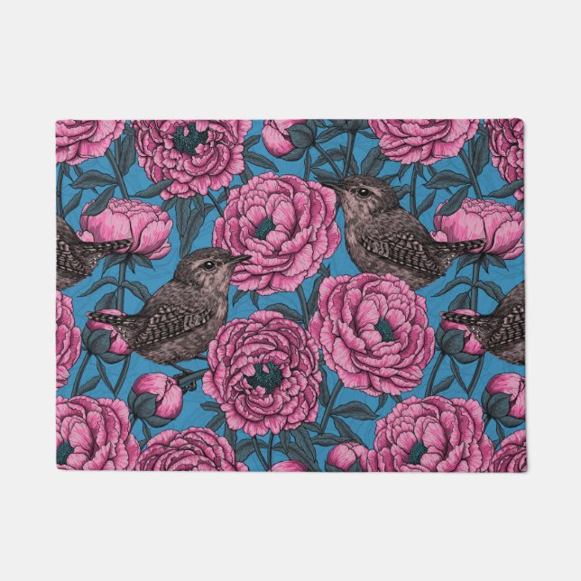 Peonies and wrens on blue doormat (Front)