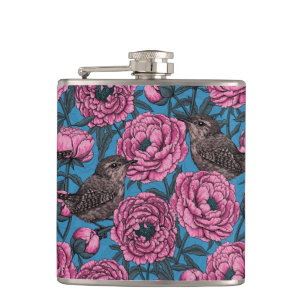 Peonies and wrens on blue hip flask