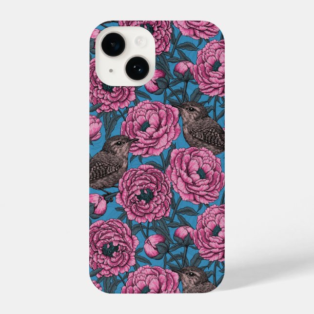 Peonies and wrens on blue iPhone case (Back)