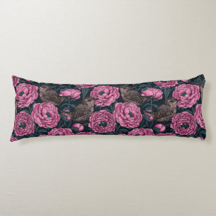 Peonies and wrens on dark gray body cushion