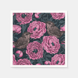 Peonies and wrens on dark gray napkin