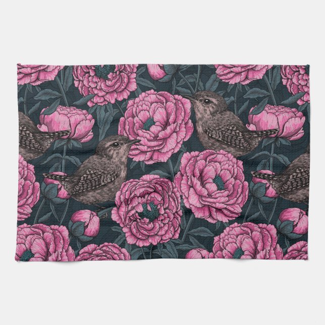 Peonies and wrens on dark gray tea towel (Horizontal)