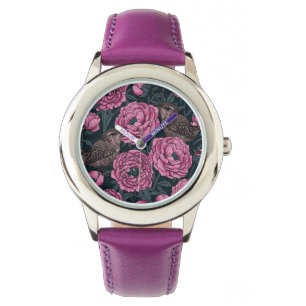 Peonies and wrens on dark gray watch