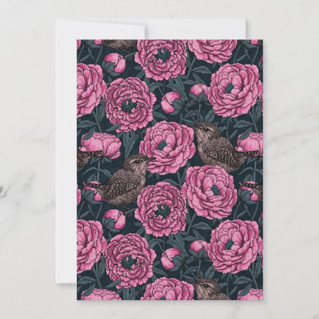 Peonies and wrens on dark grey (Front)