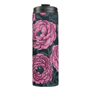 Peonies and wrens on dark grey thermal tumbler