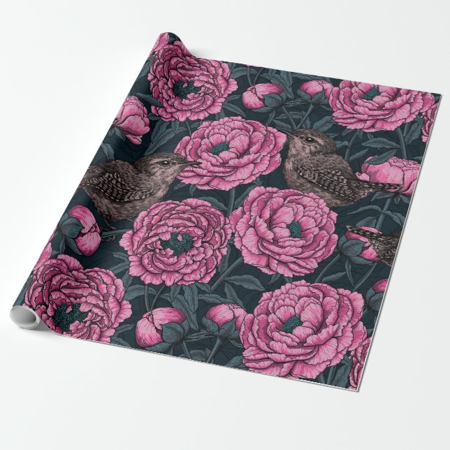 Peonies and wrens on dark grey wrapping paper (Unrolled)