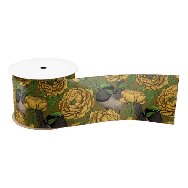 Peonies and wrens satin ribbon (Spool)