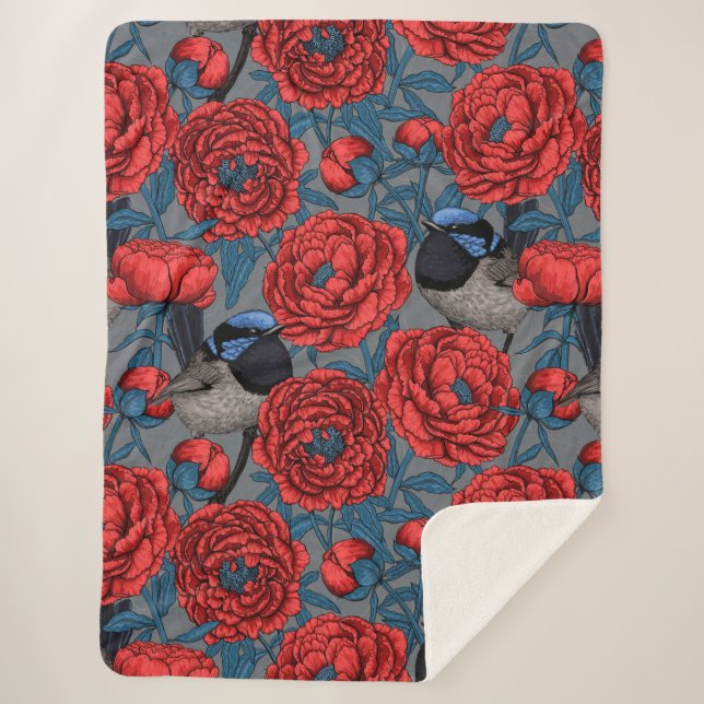 Peonies and wrens sherpa blanket (Front)