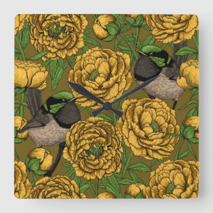 Peonies and wrens square wall clock