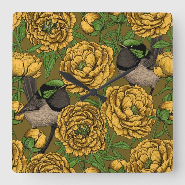 Peonies and wrens square wall clock (Front)