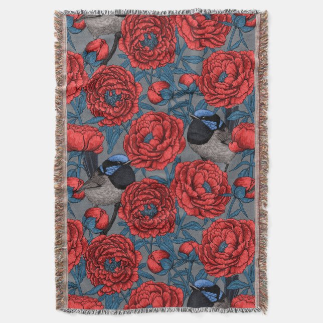 Peonies and wrens throw blanket (Front Vertical)