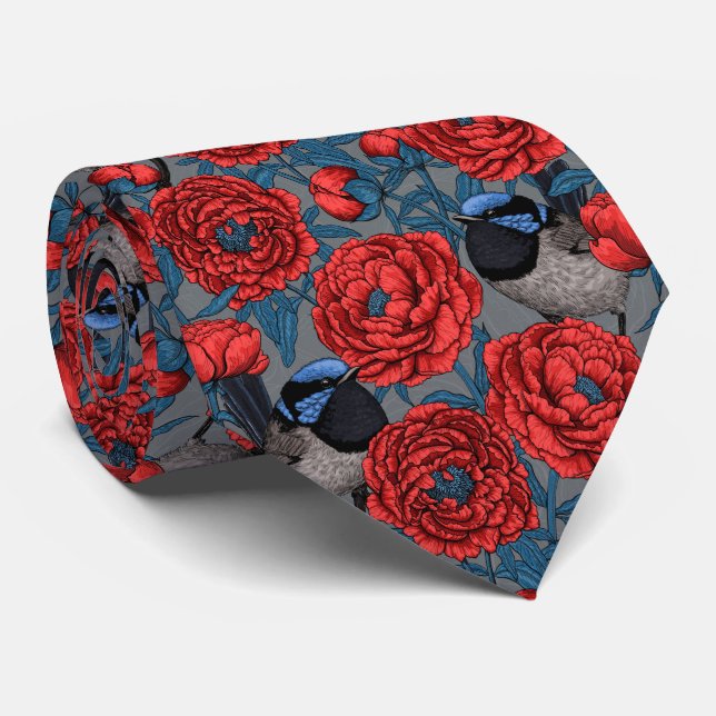 Peonies and wrens tie (Rolled)