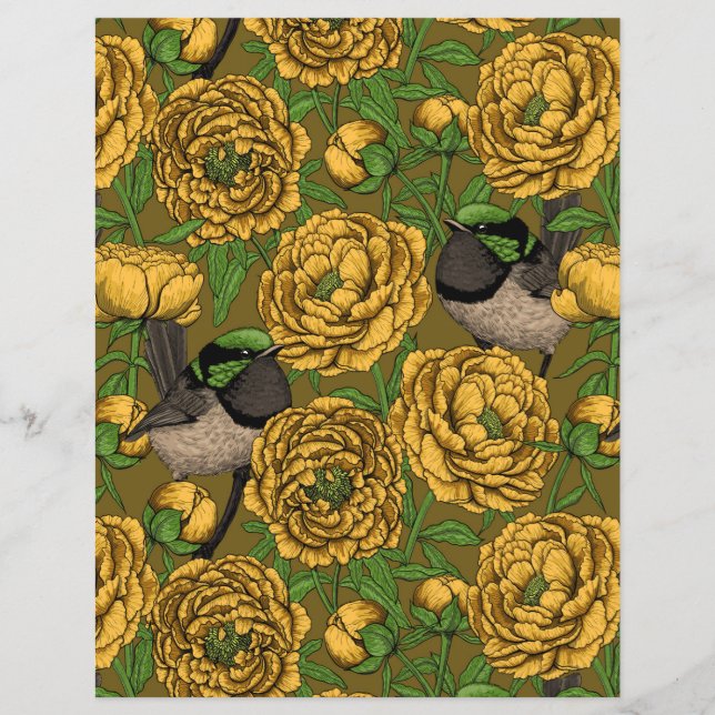 Peonies and wrens, yellow and green (Front)