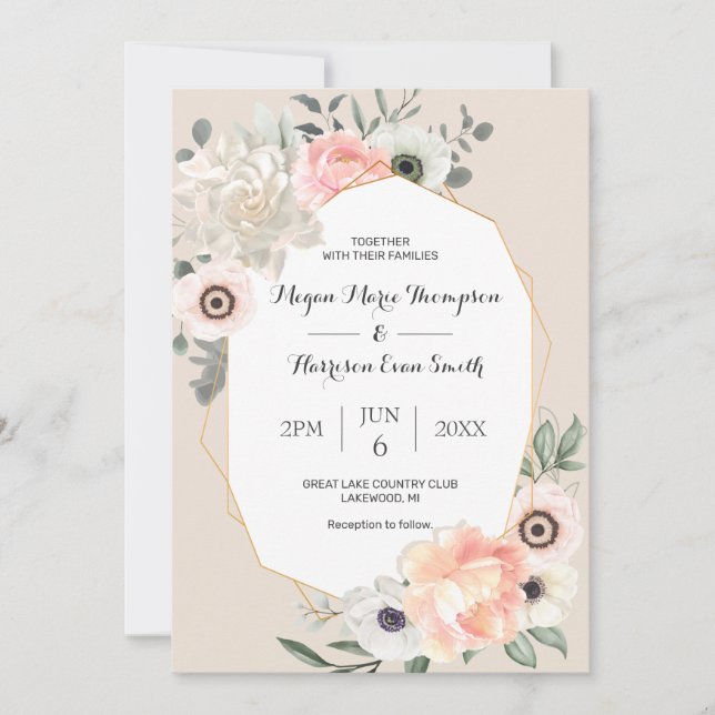 Peonies Anemones Blush Floral Watercolor Wedding  Invitation (Front)