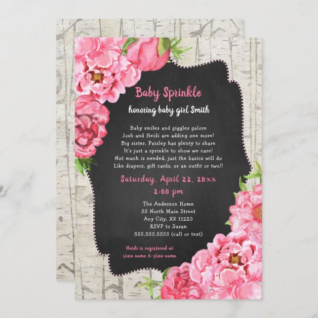 Peonies + Birch baby sprinkle + diaper raffle Invitation (Front/Back)