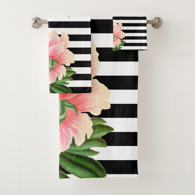 peonies black stripes bath towel set (Insitu)