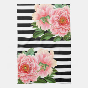 peonies black stripes tea towel