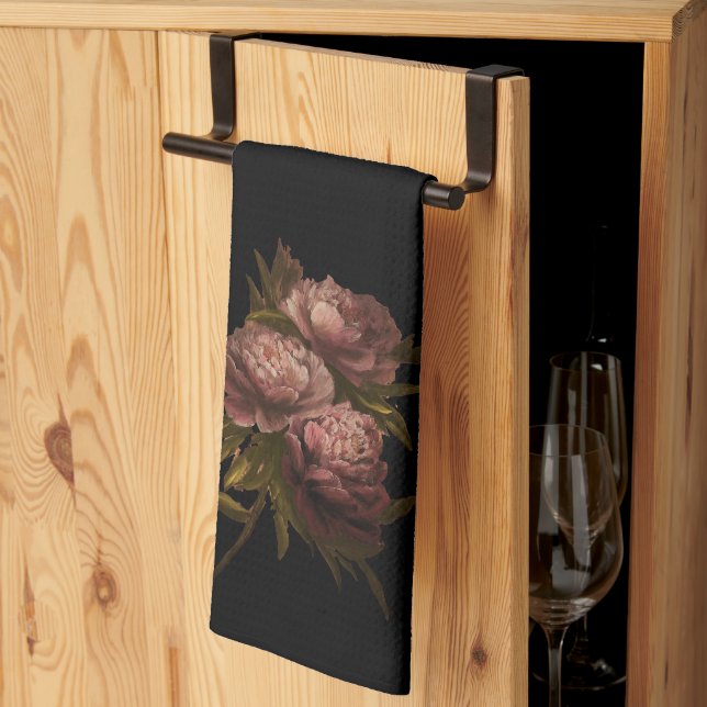 Peonies Black Tea Towel (Thirds Fold)
