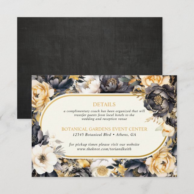 Peonies Black White & Gold Wedding Enclosure Card (Front/Back)