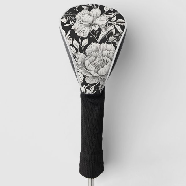Peonies Black & White Vintage Pattern Golf Head Cover (Front)