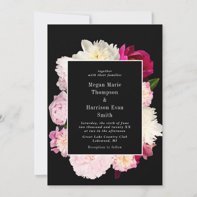 Peonies blooming Wedding Invitation (Front)