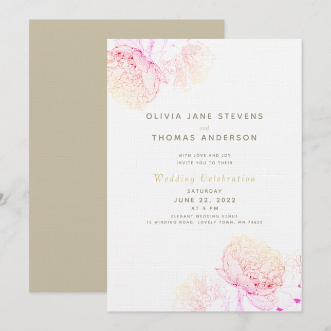 Peonies Blush Gold Elegant Modern Classic Wedding Invitation (Front/Back)