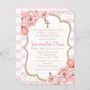 Peonies Blush Pink & Gold First Holy Communion Invitation