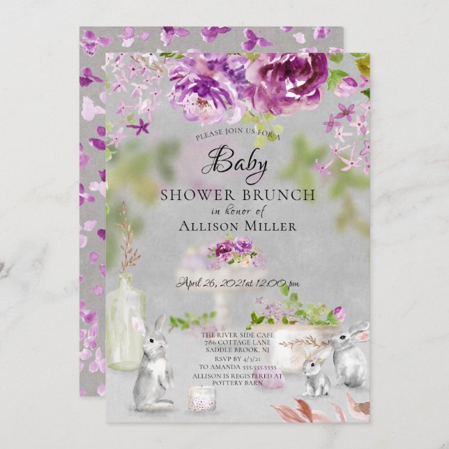 Peonies & Bunny Baby Shower Brunch Invitation (Front/Back)