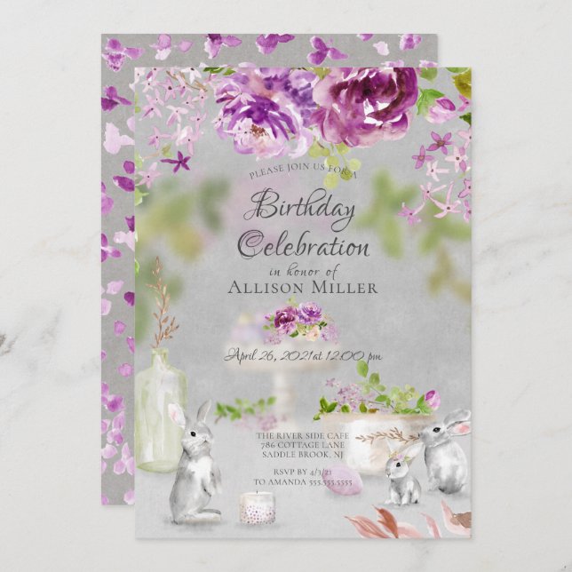 Peonies & Bunny Birthday Party Invitation (Front/Back)