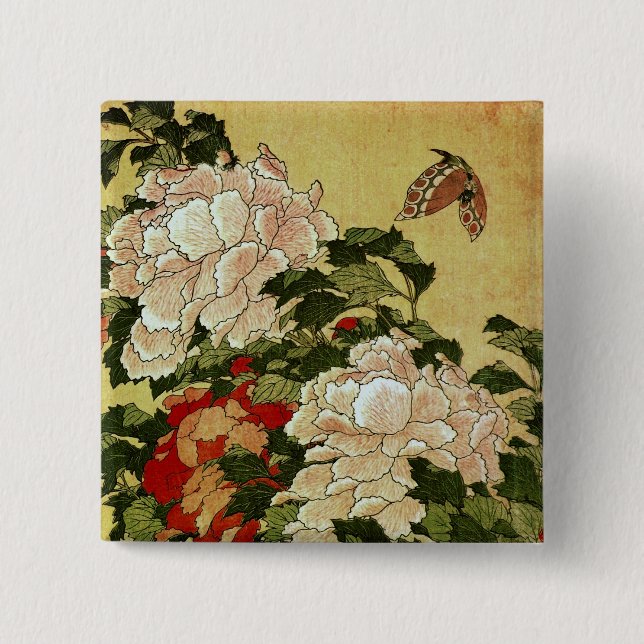 Peonies & Butterflies Hokusai Japanese Fine Art 15 Cm Square Badge (Front)